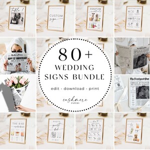 K&ouml;nnte beinhalten: Eine Collage aus Bildern, die &uuml;ber 80 Hochzeitsschilder in einem Bundle zeigen. Die Schilder haben verschiedene Designs, darunter ein individuelles Schild, ein Schild f&uuml;r ein Foto-G&auml;stebuch, ein Schild f&uuml;r Signature-Cocktails, ein Schild mit Anweisungen zum Fotografieren und ein Schild f&uuml;r eine Bar-Speisekarte. Die Schilder sind alle in einem goldenen Rahmen und haben einen wei&szlig;en Hintergrund.