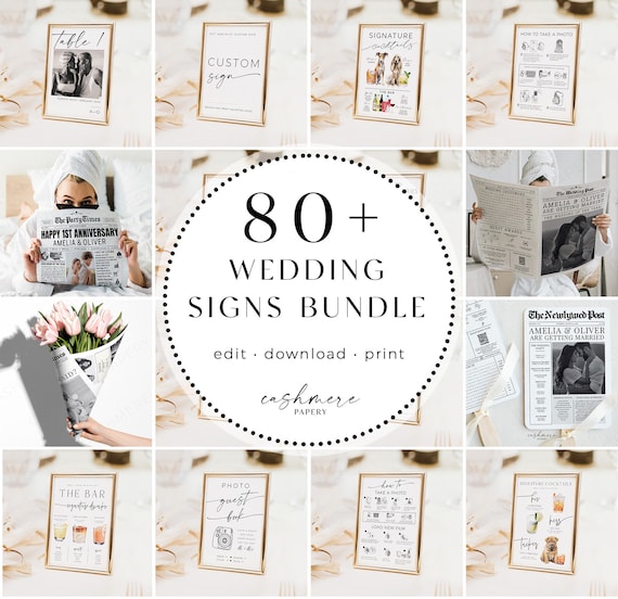Editable Modern Wedding Sign Bundle, Custom Photo Reception Signs 80+ Templates Package, Custom Templett & Canva Newspaper Programs Download