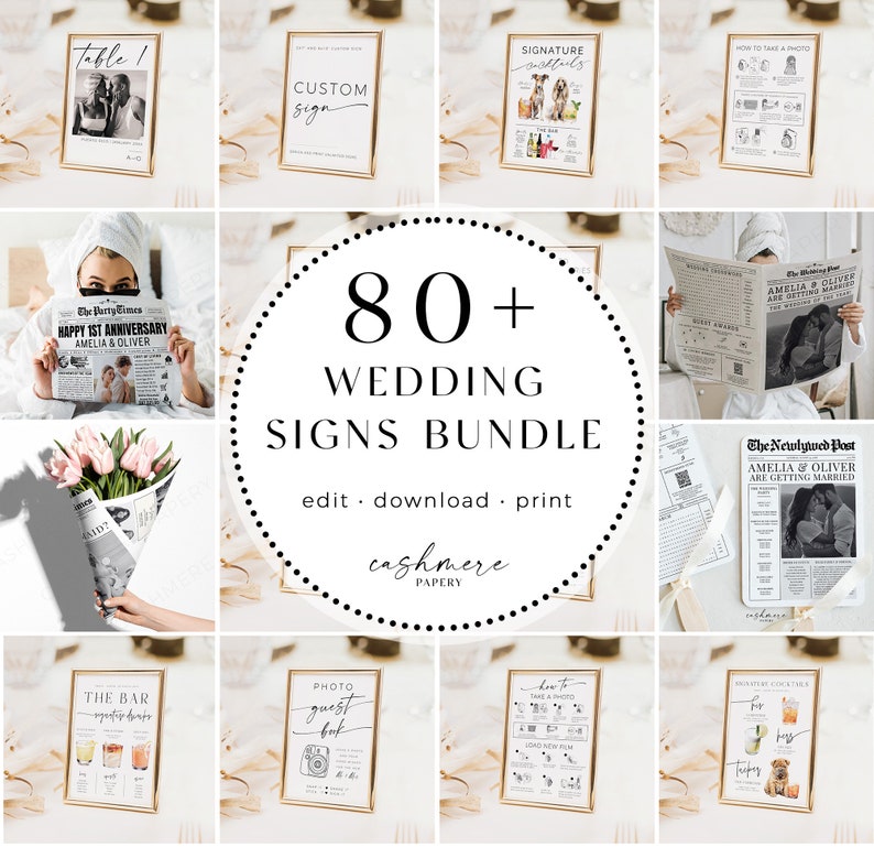 K&ouml;nnte beinhalten: Eine Collage aus Bildern, die &uuml;ber 80 Hochzeitsschilder in einem Bundle zeigen. Die Schilder haben verschiedene Designs, darunter ein individuelles Schild, ein Schild f&uuml;r ein Foto-G&auml;stebuch, ein Schild f&uuml;r Signature-Cocktails, ein Schild mit Anweisungen zum Fotografieren und ein Schild f&uuml;r eine Bar-Speisekarte. Die Schilder sind alle in einem goldenen Rahmen und haben einen wei&szlig;en Hintergrund.