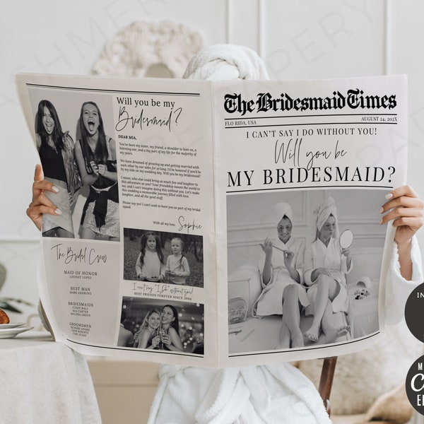 Bridesmaid Proposal Newspaper, Bridesmaid Proposal Card Editable Templates, Will You Be My Bridesmaid Newspaper Flower Wrap DIY Gift