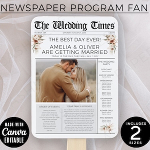 Elegant Wedding Program Fans, Editable Boho Wedding Program Fan, Newspaper Ceremony Timeline Fans Printable, Canva Instant Digital Download