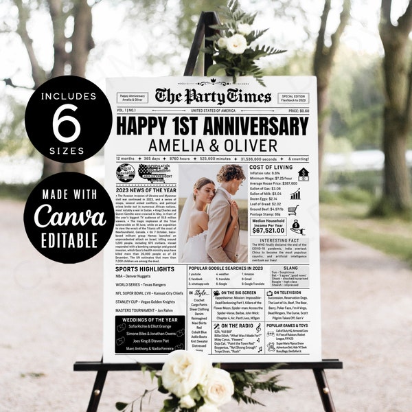 1st Wedding Anniversary Newspaper, 1st Year Wedding Anniversary Newspaper, Couples One Year Poster Printable Gift Ideas, Instant Download