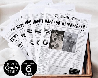 50th Wedding Anniversary Newspaper with Editable Photos Canva, Married in 1976 Golden Anniversary Personalized Gift for Parents Canva DIY