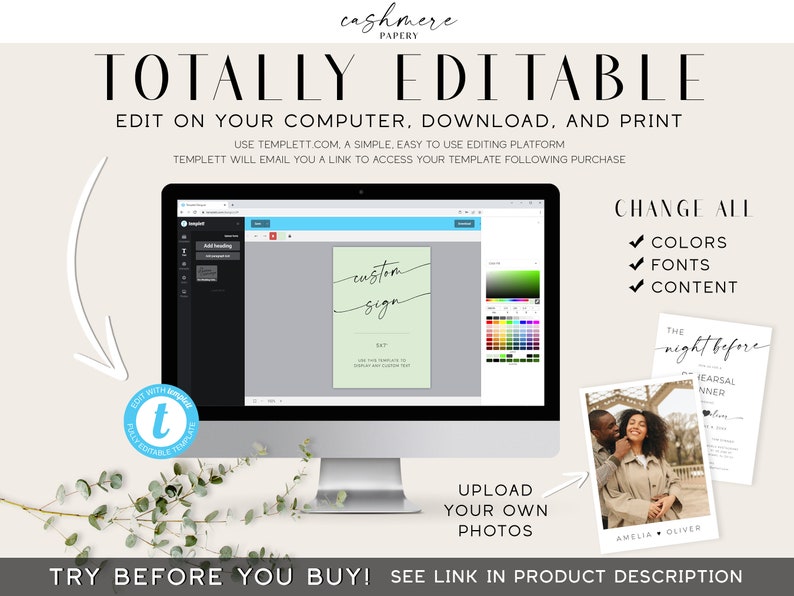 May include: A computer screen displaying a website with a green and white sign that says "custom sign". The website is called Templett and allows users to edit and customize templates. The screen is surrounded by a white background and a green plant.