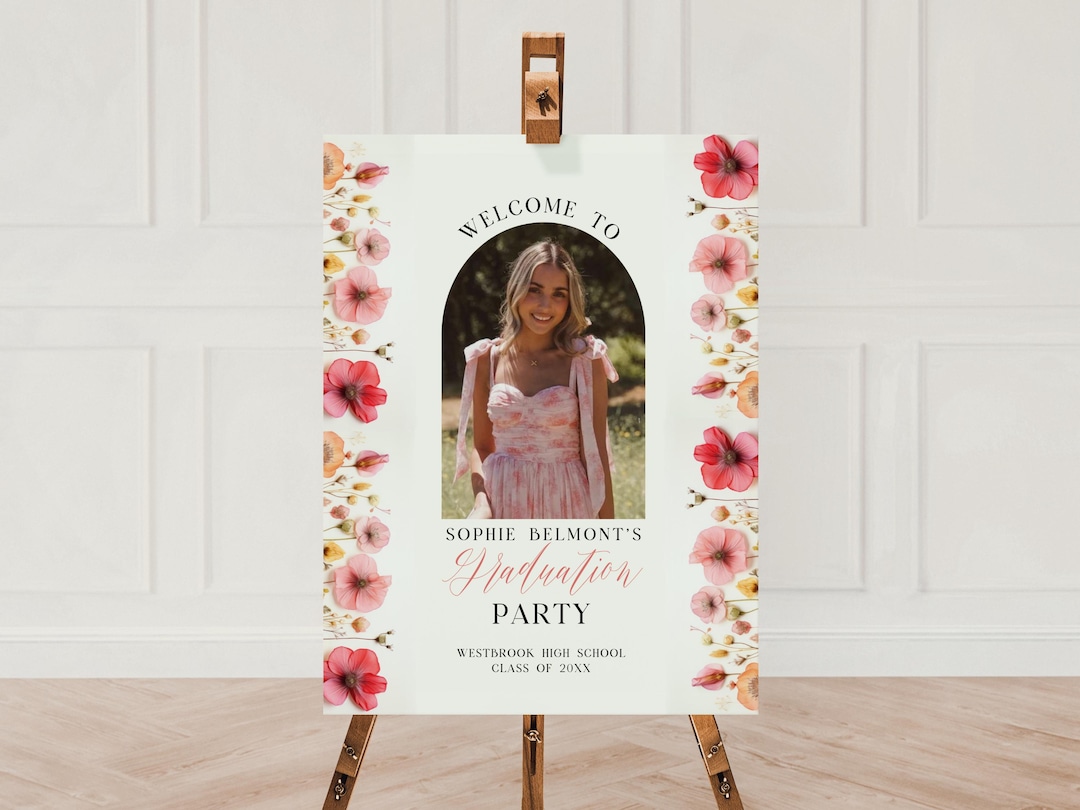 Pink Floral Graduation Sign With Photo, Editable Welcome Sign for Grad ...