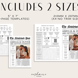 K&ouml;nnte beinhalten: Zwei druckbare Hochzeitstag-Zeitplanvorlagen im Zeitungsdesign. Die Vorlagen sind in zwei Gr&ouml;&szlig;en erh&auml;ltlich: 5x7 Zoll und A4 (210 mm x 297 mm). Die Vorlagen beinhalten ein Wortsuchspiel, einen Zeitplan f&uuml;r den Hochzeitstag und einen Abschnitt f&uuml;r die Hochzeitsgesellschaft. Die Vorlagen sind in Schwarzwei&szlig; mit einem Vintage-Zeitungsdesign gehalten.