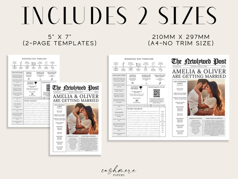 K&ouml;nnte beinhalten: Zwei druckbare Hochzeitstag-Zeitplanvorlagen im Zeitungsdesign. Die Vorlagen sind in zwei Gr&ouml;&szlig;en erh&auml;ltlich: 5x7 Zoll und A4 (210 mm x 297 mm). Die Vorlagen beinhalten ein Wortsuchspiel, einen Zeitplan f&uuml;r den Hochzeitstag und einen Abschnitt f&uuml;r die Hochzeitsgesellschaft. Die Vorlagen sind in Schwarzwei&szlig; mit einem Vintage-Zeitungsdesign gehalten.