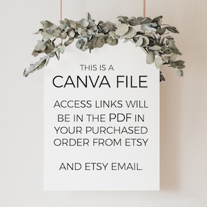 K&ouml;nnte beinhalten: Ein wei&szlig;es Schild mit schwarzem Text, der lautet: "Dies ist eine Canva-Datei. Zugangslinks befinden sich im PDF in Ihrer Etsy-Bestellung und in Ihrer Etsy-E-Mail."