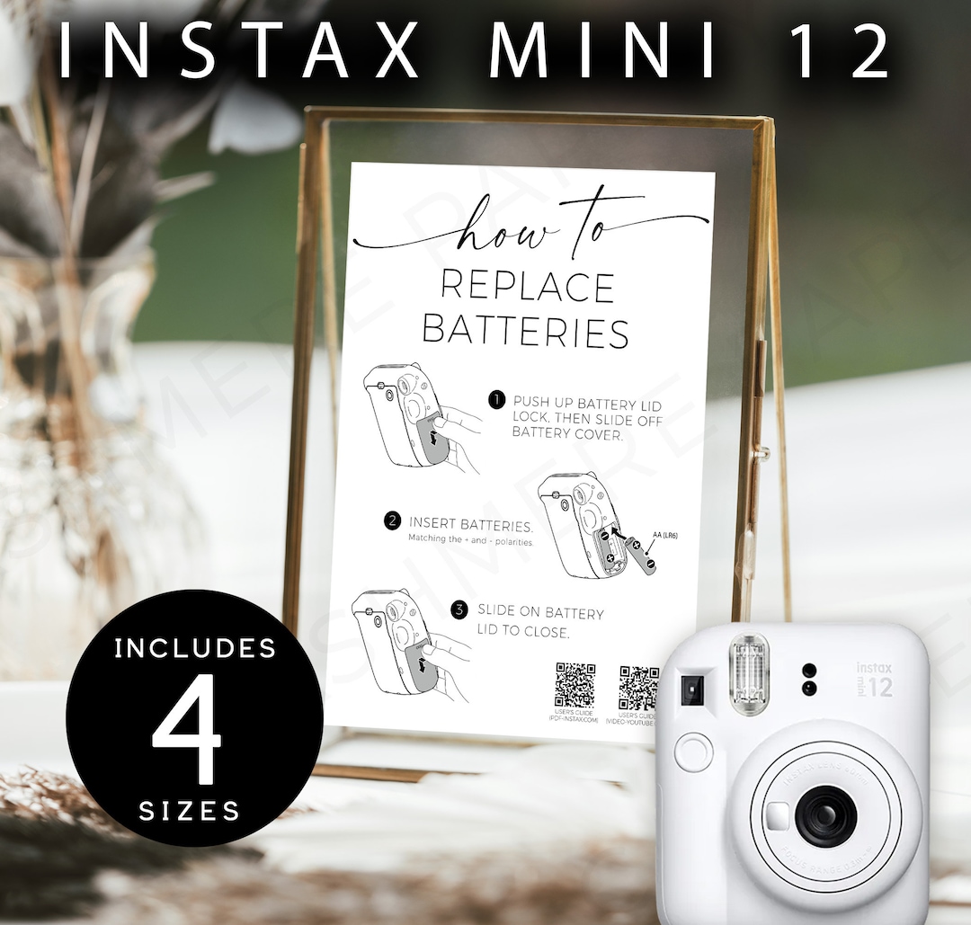 Instax Mini 12 How to Replace Batteries Instructions Sign, Polaroid Camera Editable Wedding