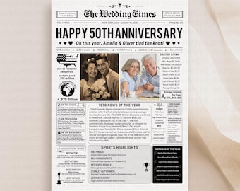 50th Anniversary Gift Newspaper, Anniversary Gift for Parents Poster Sign Template, Gift for Mom & Dad Golden Wedding Party, CANVA DIY