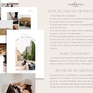 Pu&ograve; includere: Un modello di rivista di nozze bianco e beige con una foto di una coppia davanti a un edificio. Il testo "The Thompsons" &egrave; in cima alla pagina. Il testo "Our Wedding" &egrave; in fondo alla pagina. Il testo "How do I receive my purchase?" &egrave; in nero. Il testo "Have questions?" &egrave; in nero. Il testo "Please read carefully!" &egrave; in nero. Il testo "Everything else is editable or customizable. Any graphics if included, such as floral and shape backgrounds, are not editable. These can be replaced or removed. Inspiration photos are recommended to be replaced with your own photos!" &egrave; in nero.