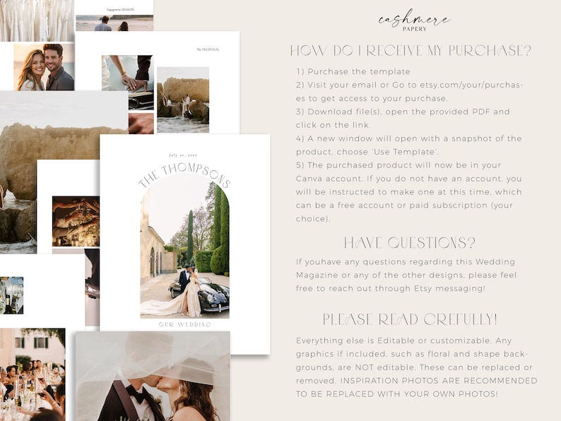 Pu&ograve; includere: Un modello di rivista di nozze bianco e beige con una foto di una coppia davanti a un edificio. Il testo "The Thompsons" &egrave; in cima alla pagina. Il testo "Our Wedding" &egrave; in fondo alla pagina. Il testo "How do I receive my purchase?" &egrave; in nero. Il testo "Have questions?" &egrave; in nero. Il testo "Please read carefully!" &egrave; in nero. Il testo "Everything else is editable or customizable. Any graphics if included, such as floral and shape backgrounds, are not editable. These can be replaced or removed. Inspiration photos are recommended to be replaced with your own photos!" &egrave; in nero.