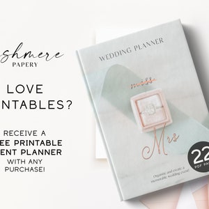 May include: A wedding planner with a light blue and pink background. The cover features a ring box with a diamond ring and the text "Mrs." in a gold script font. The text "Wedding Planner" is in black text at the top of the cover. The text "22 PDF Pages" is in black text on a white circle at the bottom right corner of the cover.