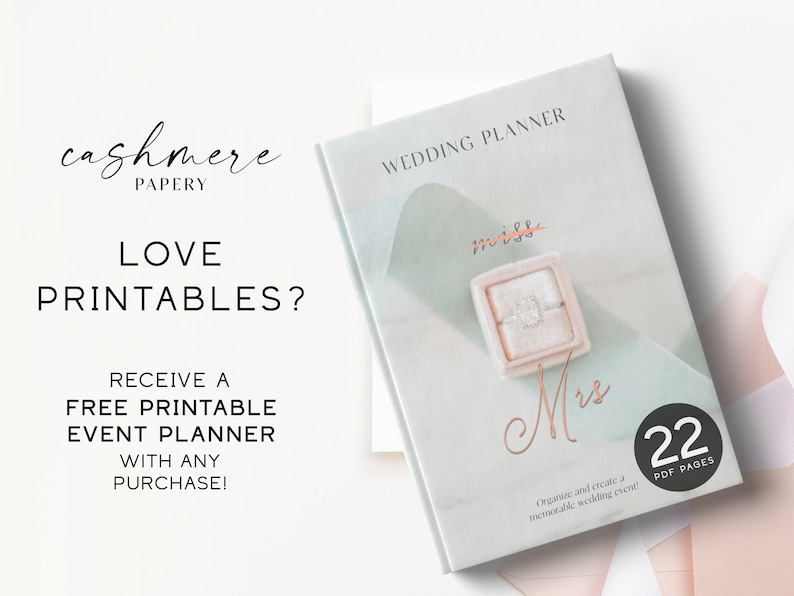 May include: A wedding planner with a light blue and pink background. The cover features a ring box with a diamond ring and the text "Mrs." in a gold script font. The text "Wedding Planner" is in black text at the top of the cover. The text "22 PDF Pages" is in black text on a white circle at the bottom right corner of the cover.