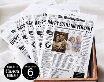 Periódico de regalo del 50.º aniversario, plantilla de póster de periódico de 1976, regalo para padres, descarga digital editable e imprimible en CANVA.