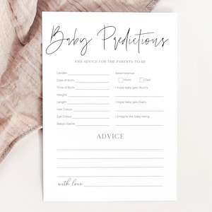 Feuille de prédictions de bébé, modèle modifiable, jeu de prédiction de baby shower, jeu d'activités de bébé amusant minimaliste moderne imprimable CANVA bricolage à télécharger