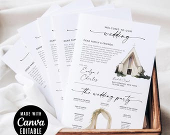Minimalist Infographic Fan for Wedding, Modern Ceremony Timeline Custom Church Wedding Party Program Fans, Canva Instant Digital Download