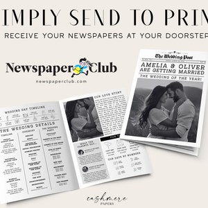 May include: A black and white wedding announcement newspaper template with a photo of a couple embracing. The headline reads "Amelia & Oliver Are Getting Married" and "The Wedding of the Year!" The newspaper also includes a wedding day timeline, wedding details, and a section for the couple's love story.