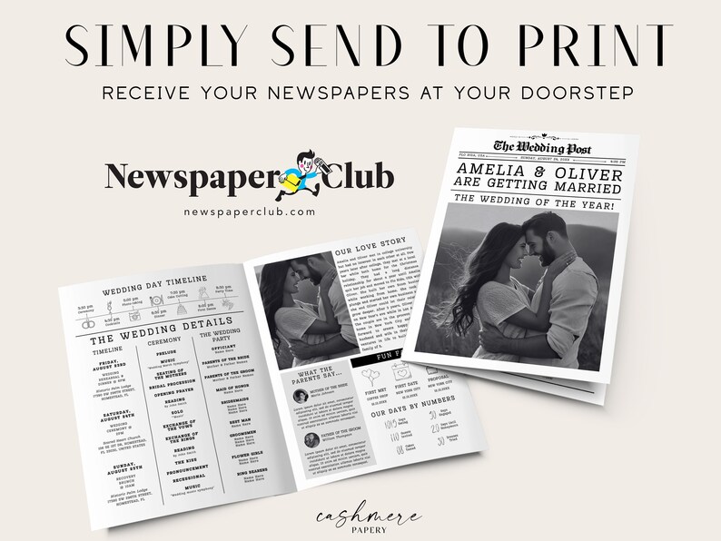 May include: A black and white wedding announcement newspaper template with a photo of a couple embracing. The headline reads "Amelia & Oliver Are Getting Married" and "The Wedding of the Year!" The newspaper also includes a wedding day timeline, wedding details, and a section for the couple's love story.