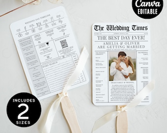 May include: Black and white wedding program fan with a newspaper design. The fan features a wedding timeline, a word search, and a photo of the couple. The text on the fan reads "The Wedding Times" and "The Best Day Ever! Amelia & Oliver Are Getting Married".