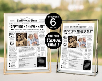 Plantilla de periódico para el 50.º aniversario de bodas, regalo para el año dorado del aniversario de bodas, descarga instantánea del periódico del 25.º aniversario, CANVA