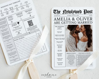 Newspaper Wedding Fan | Editable Program Canva Template 5x7 | The Newlywed Post Ceremony Timeline with Photo Printable Digital Download