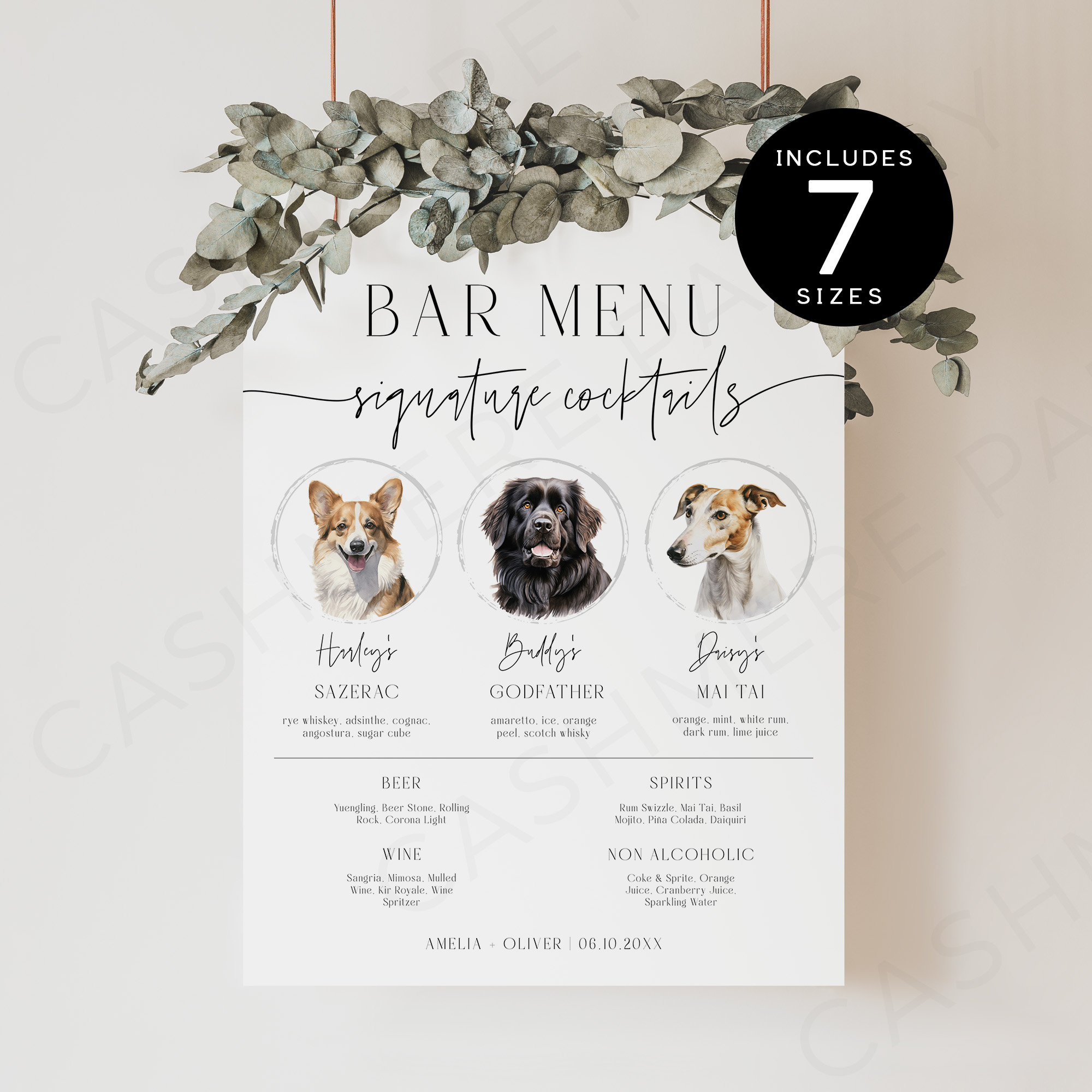 Dog Cocktail Sign Digital, Minimalist Wedding Signature Drinks Bar Menu Pets Template, Custom Drink Signs with Dogs Download, Templett SPM09