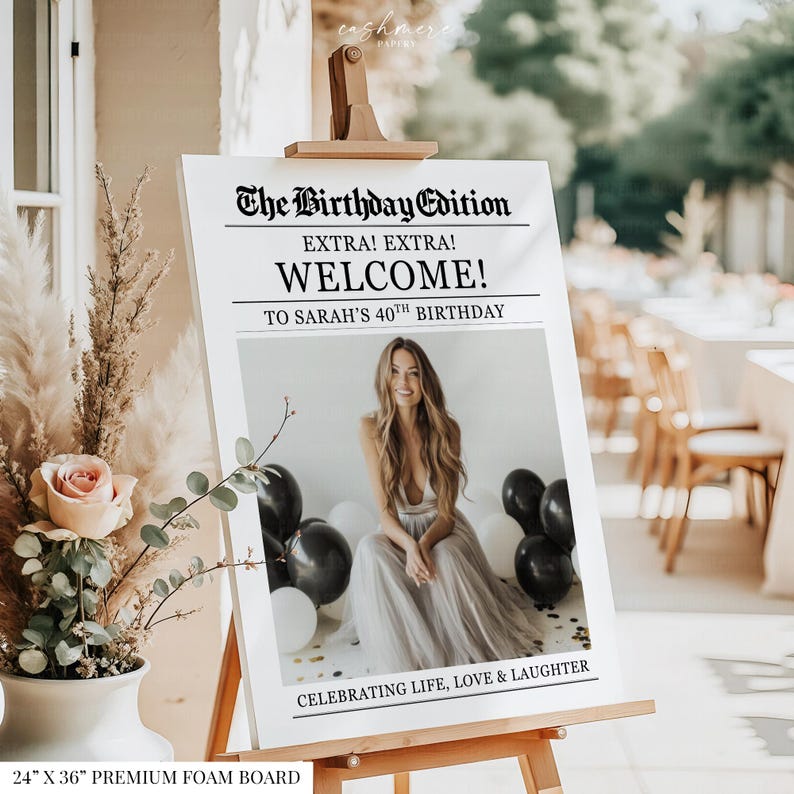 Birthday Newspaper Personalized Welcome Sign, Custom Newspaper Bday Poster Printed Foam Board Decor image 1