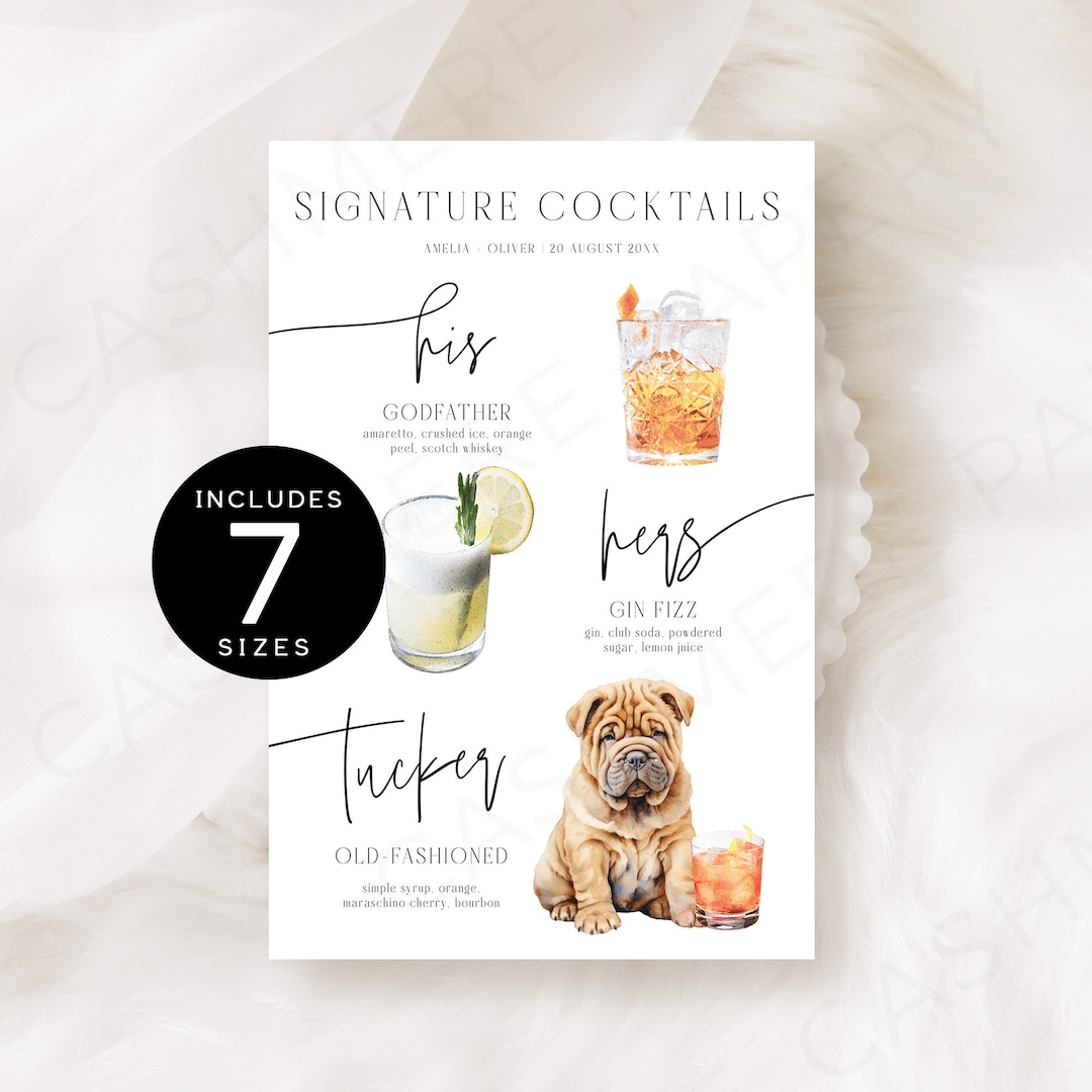Wedding Drink Menu Dogs, His and Hers Signature Drinks Pet, Modern