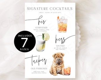 Wedding Drink Menu Dogs, His and Hers Signature Drinks Pet, Modern Editable Cocktail Signs with Dog Template,Templett Digital Download SPM09