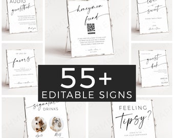 55+ Editable Signs Templates Bundle, Wedding Bridal Shower Minimalist Table Sign Printables, Modern Reception Template DIY Signage Download
