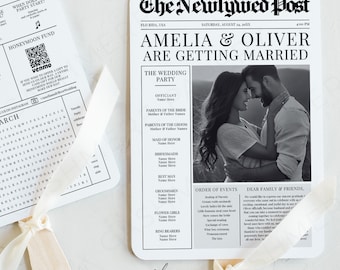 May include: A wedding invitation designed as a newspaper front page, titled "The Newlywed Post." It features a photo of a couple, wedding party details, and event order. The invitation is in black and white.