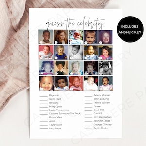 セレブの赤ちゃんの写真当てクイズ、楽しいベビーシャワーゲームテンプレート（印刷可能シート）、デジタルダウンロード（CANVA）