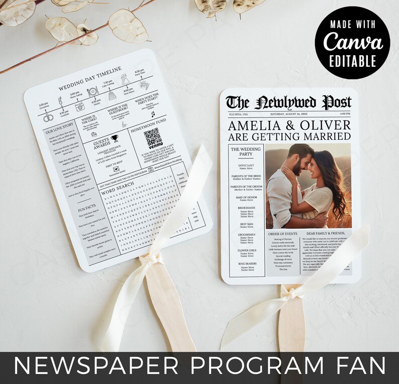 K&ouml;nnte beinhalten: Ein Hochzeits-Programm-F&auml;cher mit Zeitungsdesign. Die Vorderseite zeigt ein Foto eines Paares mit der &Uuml;berschrift "Amelia & Oliver heiraten". Die R&uuml;ckseite zeigt einen Zeitplan f&uuml;r den Hochzeitstag, ein Wortsuchspiel und lustige Fakten.