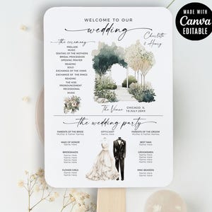 Wedding Program Fans Double Sided, Wedding Day Itinerary Ceremony Timeline Fans Editable Infographics Printable Templates, Canva Download