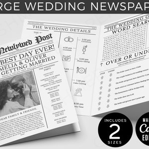 May include: Black and white wedding newspaper template with a photo of a couple, a wedding schedule, and a word search game. The headline reads "The Best Day Ever! Amelia & Oliver Are Getting Married".