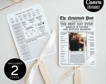 May include: Two wedding program fans with wooden handles and white ribbons. One fan features a timeline and word search, the other a newspaper design with a photo and the text "The Best Day Ever!" and "Amelia & Oliver are getting married."