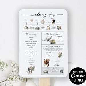 Bruiloft infographic ventilator, kerk bruiloft programma fans sjabloon, bewerkbare ceremonie tijdlijn gratis infographic elementen afdrukbare kaarten, canva