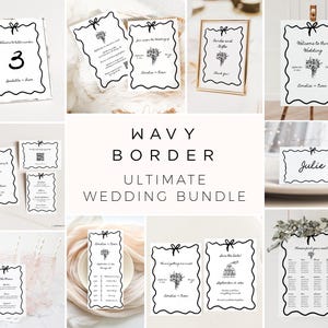 Wavy Border Wedding Sign Bundle, Hand Drawn Wedding Invitation Set, Handdrawn Flower Wedding Set Template, Wavy Border Table Number, CANVA