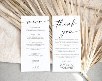 May include: A wedding menu and thank you card with a minimalist design. The menu features a list of starters, main courses, and desserts. The thank you card expresses gratitude to guests for celebrating the couple's wedding. The text on the cards is in black script font.