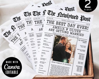 May include: A black and white newspaper-style wedding program fan with the headline "The Best Day Ever!" and the names Amelia & Oliver. The program includes the wedding ceremony order and the wedding party.