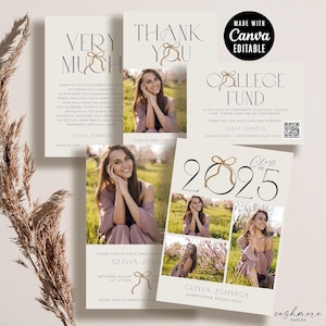 Girl Graduation Announcement Bundle, Gold Bow Grad Party Invitation Template Graduation Thank You Card Graduation College Fund QR Card CANVA