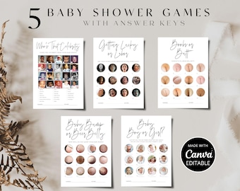Baby Shower Game Bundle, Minimalist Baby Shower Picture Game Templates, Editable Baby Guessing Games Printable Activitiy, Canva Download