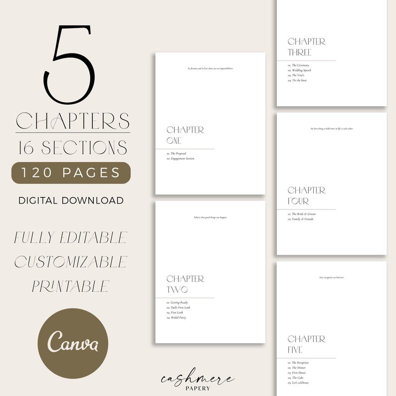 Pu&ograve; includere: Un download digitale per un wedding planner con 5 capitoli, 16 sezioni e 120 pagine. Il planner &egrave; completamente modificabile, personalizzabile e stampabile. Il testo "Canva" &egrave; visibile nell'immagine. Il testo "cashmere papery" &egrave; visibile nell'immagine.