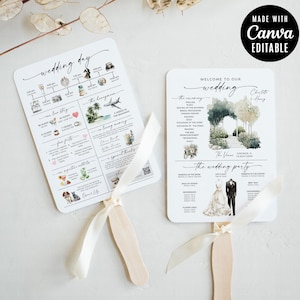 May include: Two white wedding day fan programs with wooden handles and cream-colored ribbons. One fan displays a timeline, the other a ceremony schedule. The Canva editable fans are for a wedding.