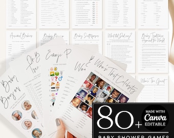 Funny Baby Shower Games Bundle, 80+ Custom Photo Printable Guess the Baby Game Questions with Answer Keys, Canva Digital Download Templates