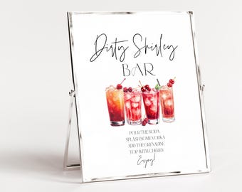 Signature drinkbord Dirty Shirley met cocktailfoto, bord DIY-trouwbar Dirty Shirley & Shirley Temple Sign Minimalist Signature Drinks