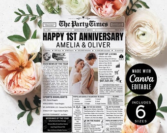 Newspaper Wedding Anniversary | 1st Year of Marriage Custom Wedding Newspaper, Infographic Gift for Couples Editable Tabloid Canva Download