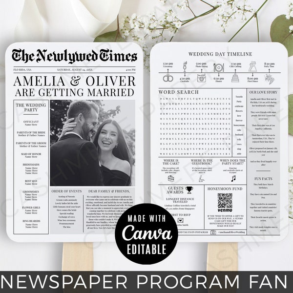 Wedding Newspaper Fan, Printable Wedding Program Template, Infographic Timeline, Custom Ceremony Fan Design, Fun Printable Program Template