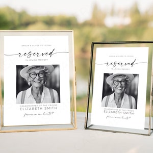 Letrero &quot;En memoria amorosa&quot; con imagen, plantilla editable de asiento reservado para conmemoración de boda &quot;Recordando siempre&quot;, señalización minimalista moderna, Canva